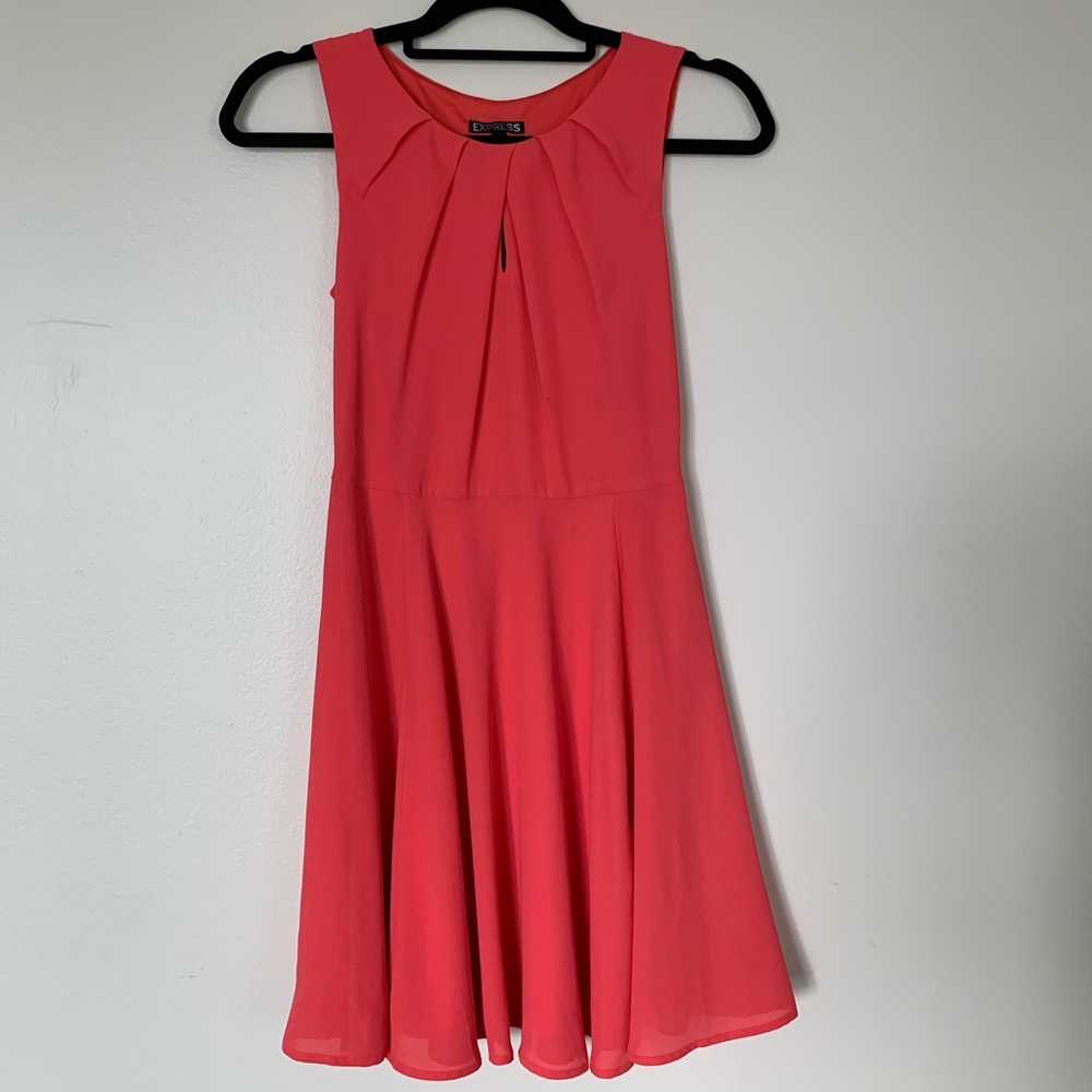 Express/ Coral Pleated Keyhole Fit & Flare Dress